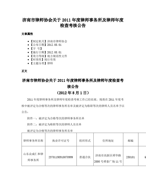 济南市律师协会关于2011年度律师事务所及律师年度检查考核公告