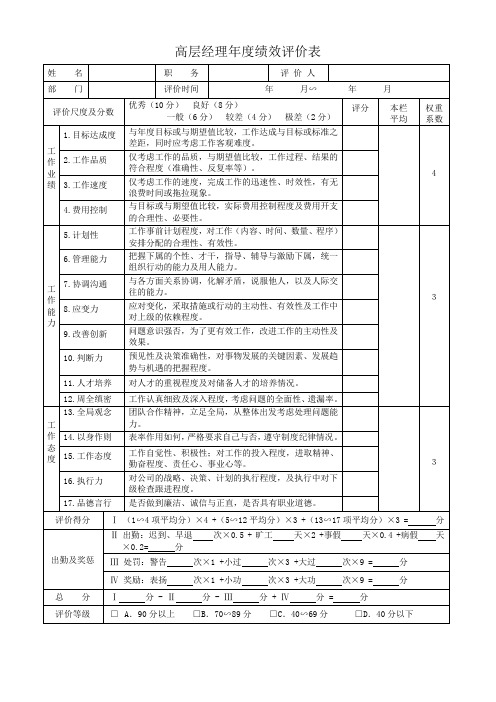 高层经理年度绩效评价表