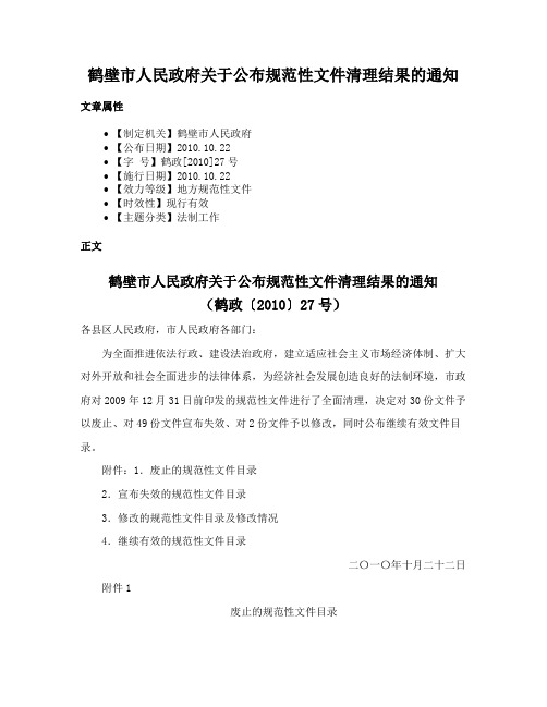 鹤壁市人民政府关于公布规范性文件清理结果的通知