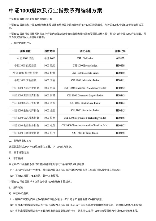 中证1000指数及行业指数系列编制方案