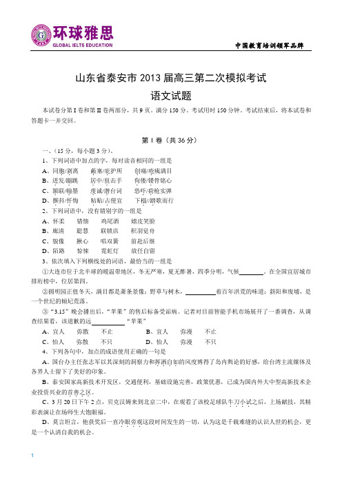 13语文练习试卷-2013山东省泰安语文二模高中语文试题(含答案)