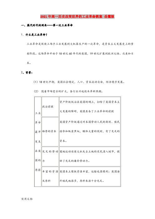 2021年高一历史改变世界的工业革命教案 岳麓版