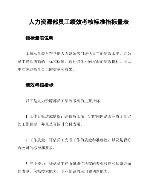 人力资源部员工绩效考核标准指标量表