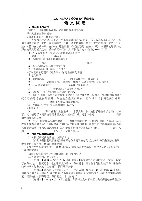 2015年黑龙江省齐齐哈尔市初中学业考试语文试卷及答案