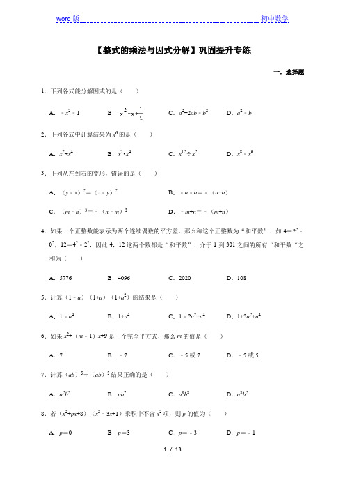 2021年中考数学复习专题-【整式的乘法与因式分解】巩固提升专练