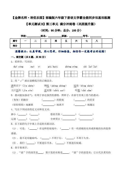 部编版六年级语文下册《第三单元检测卷》(附答案)