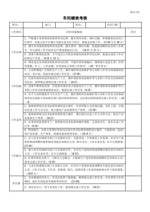 车间员工绩效考核表