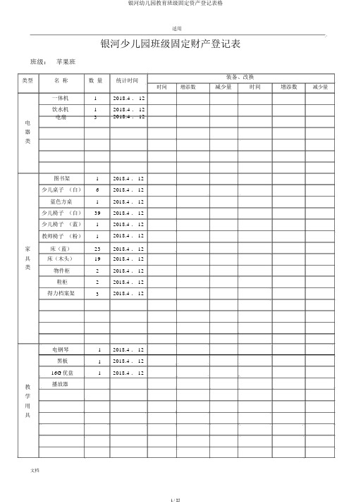 银河幼儿园教育班级固定资产登记表格