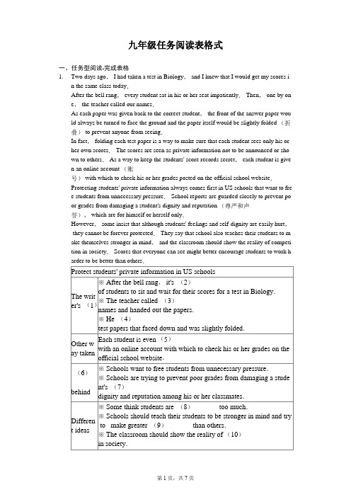 2020中考英语九年级任务阅读表格-教师用卷