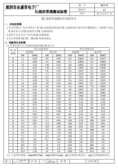 UL线材常规测试作业指导书