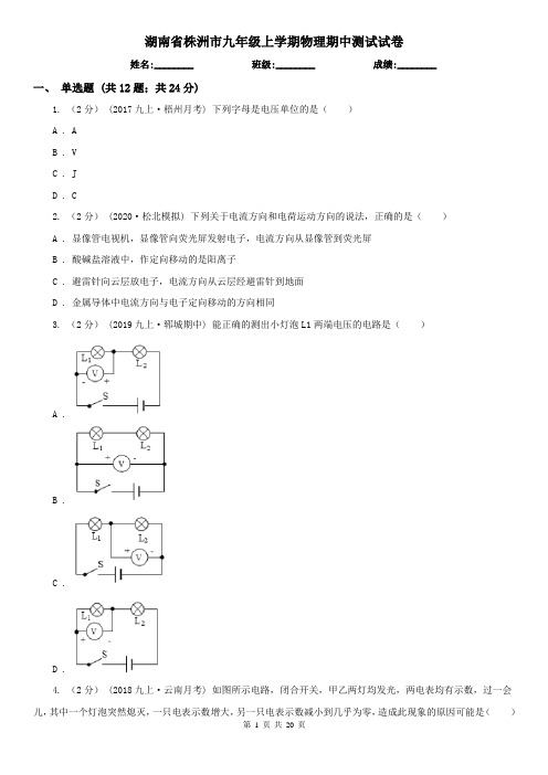 湖南省株洲市九年级上学期物理期中测试试卷