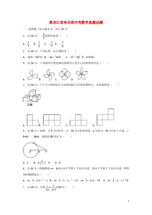 黑龙江省哈尔滨市中考数学真题试题(含解析)