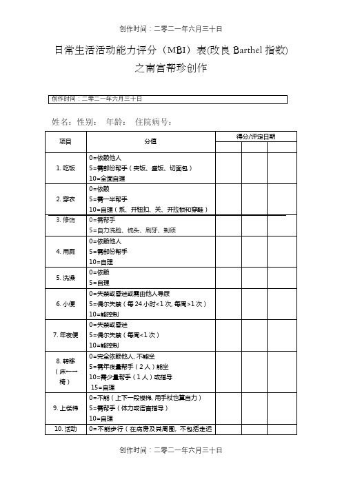 日常生活活动能力评分(MBI)表(改良Barthel指数)