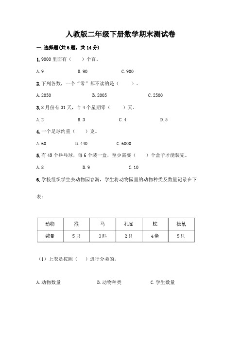 人教版二年级下册数学期末测试卷及参考答案(培优)