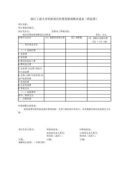 浙江工商大学科研项目经费预算调整申请表科技类