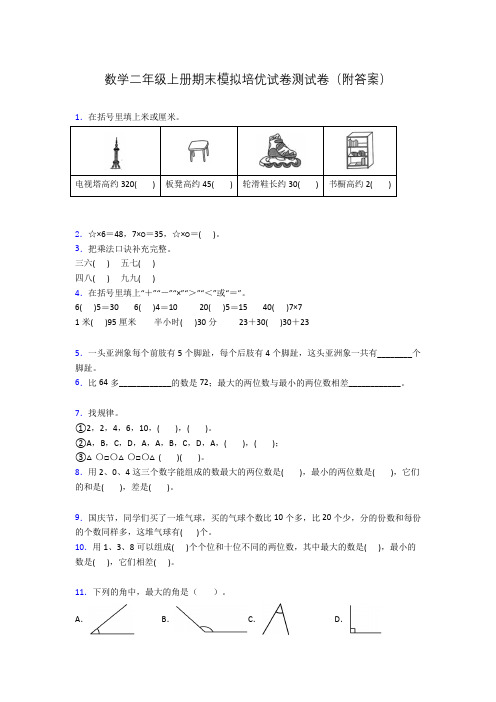 数学二年级上册期末模拟培优试卷测试卷(附答案)