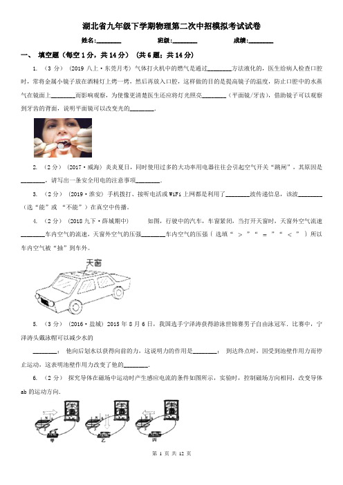 湖北省九年级下学期物理第二次中招模拟考试试卷