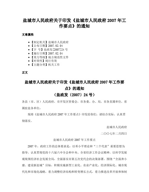 盐城市人民政府关于印发《盐城市人民政府2007年工作要点》的通知