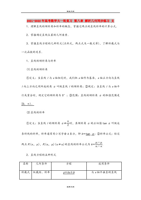 2021-2022年高考数学大一轮复习 第八章 解析几何同步练习 文