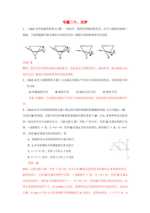 2014年全国高考物理试题分类解释：专题二十、光学