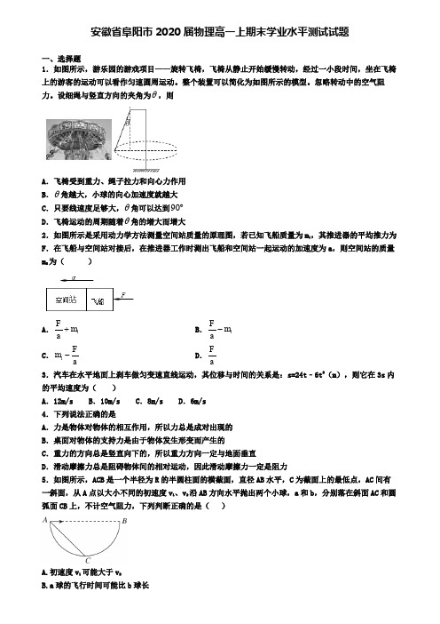 安徽省阜阳市2020届物理高一上期末学业水平测试试题