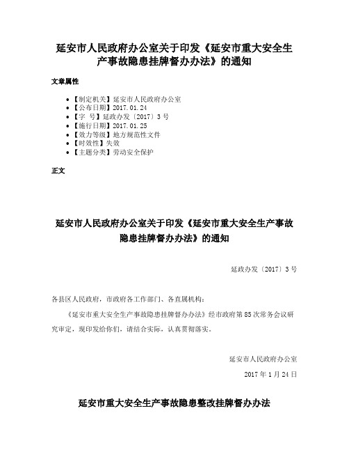 延安市人民政府办公室关于印发《延安市重大安全生产事故隐患挂牌督办办法》的通知