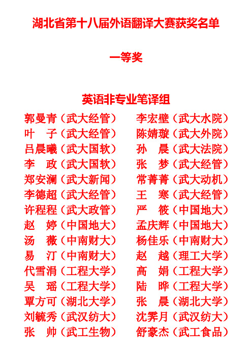 湖北省第十八届外语翻译大赛获奖名单