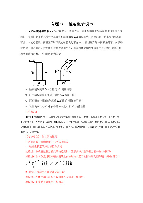 2016年高考生物真题分类汇编——专题10 植物激素调节 Word版含解析