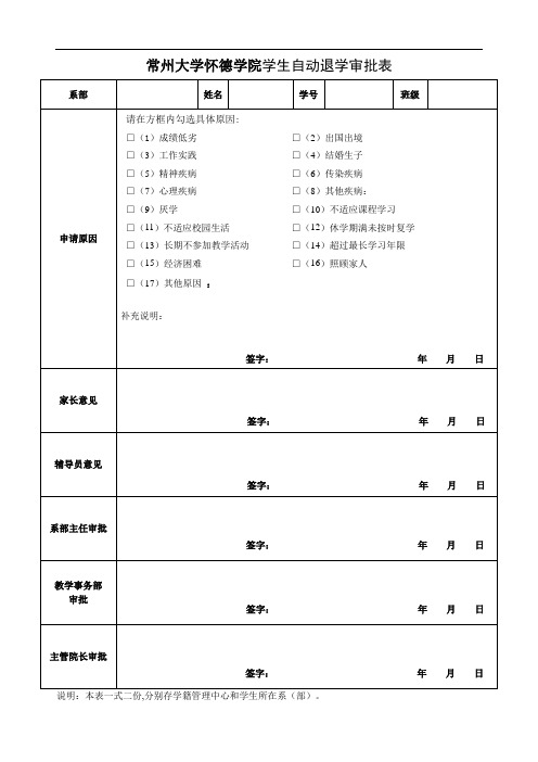 常州大学怀德学院学生自动退学审批表