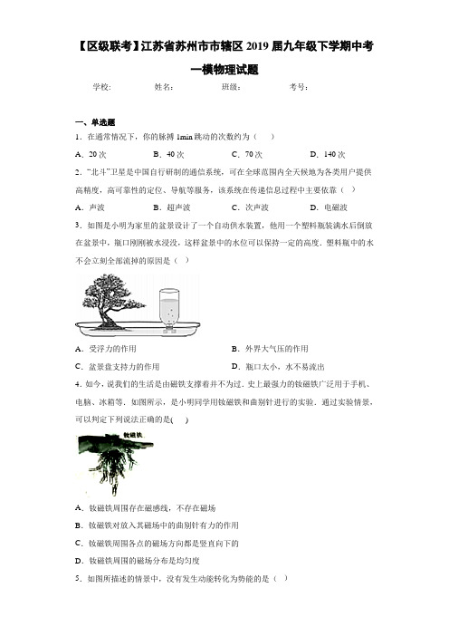 【区级联考】江苏省苏州市市辖区2021届九年级下学期中考一模物理试题