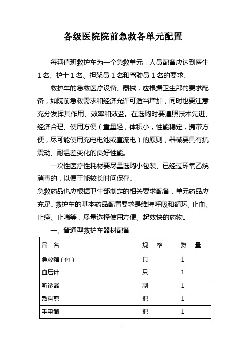 各级医院院前急救各单元配置