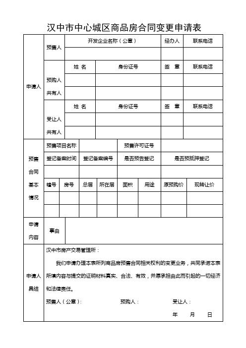 汉中中心城区商品房合同变更申请表