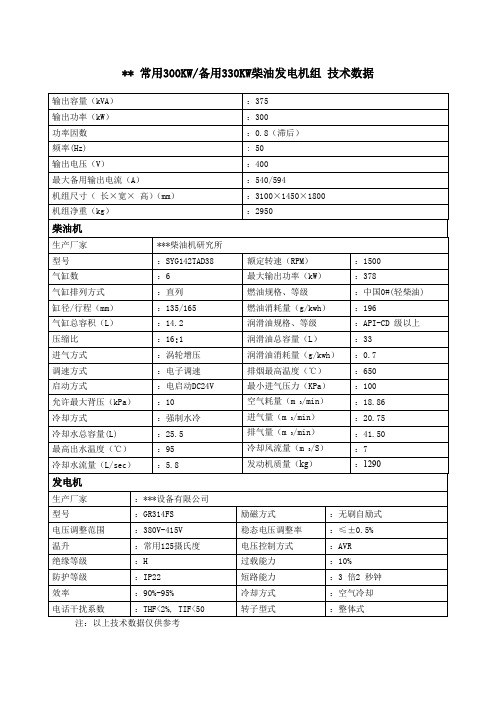 300KW柴油发电机组设备技术参数