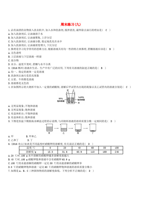 新人教版2018九年级化学下册第九单元溶液测试题(附答案)