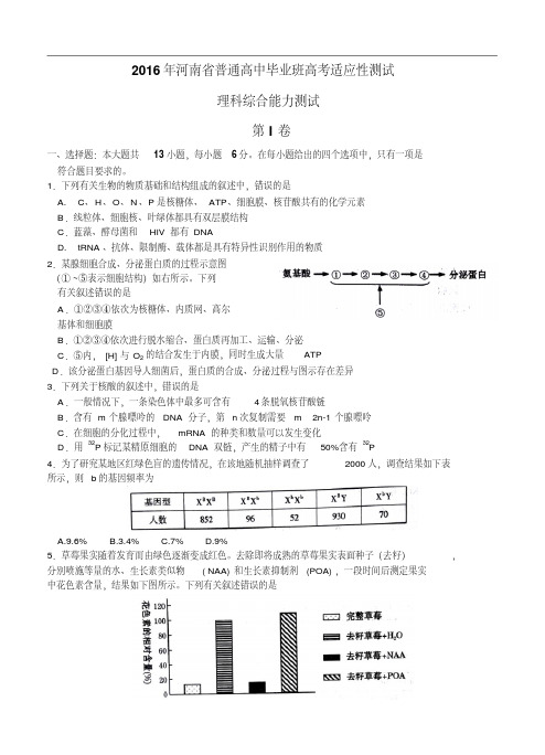 河南省2016届高中毕业班3月高考适应性测试理综生物试题及答案