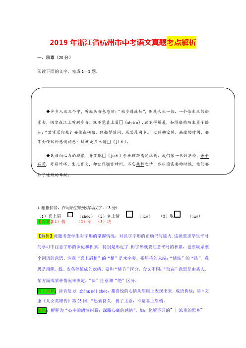 2019年浙江省杭州市中考语文真题考点解析