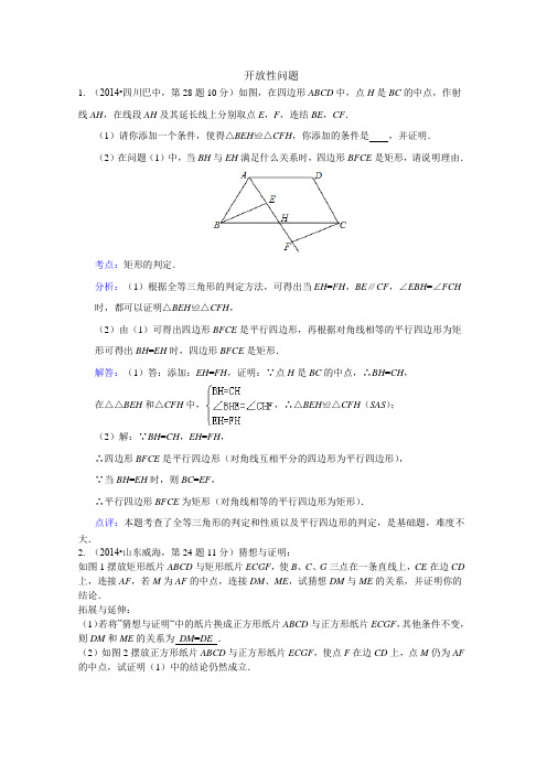 2014年全国中考数学试卷解析分类汇编：开放性问题