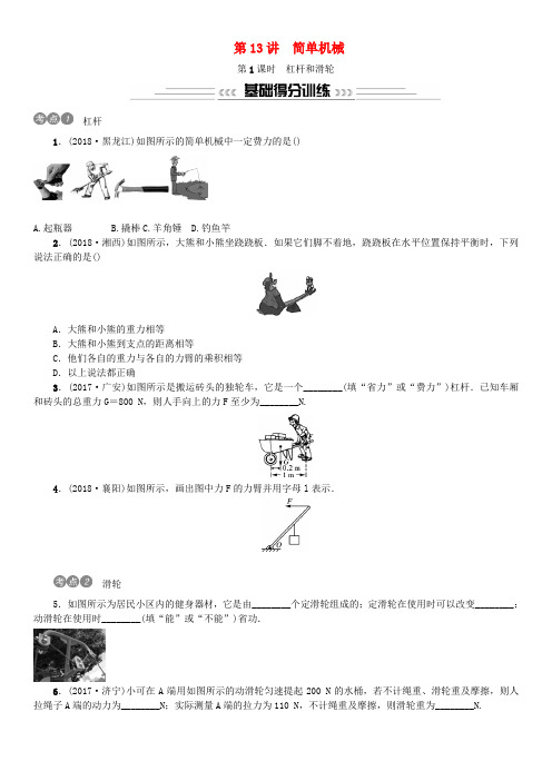 2019年中考物理总复习第13讲简单机械第1课时杠杆和滑轮习题