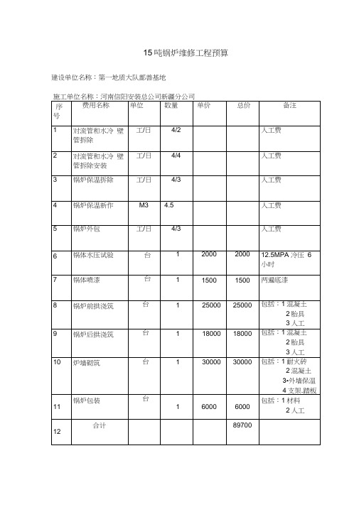 6吨锅炉维修工程预算