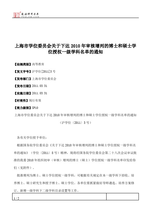 上海市学位委员会关于下达2010年审核增列的博士和硕士学位授权一