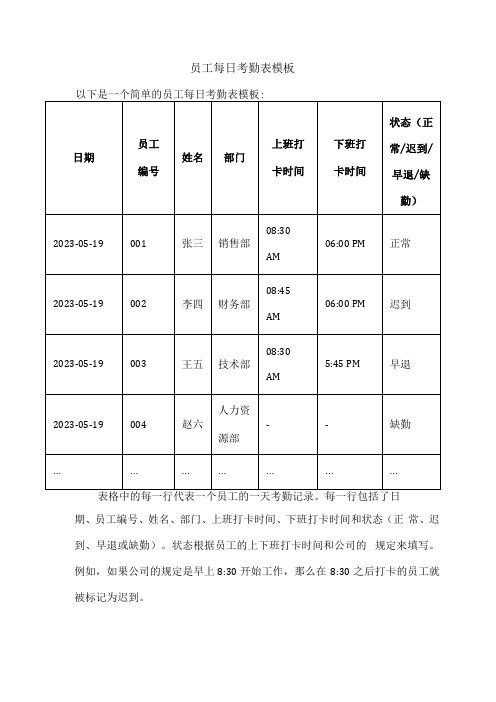 员工每日考勤表模板