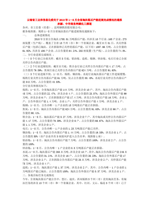 云南省工业和信息化委关于2010年1—8月全省淘汰落后产能进展完成情况的通报