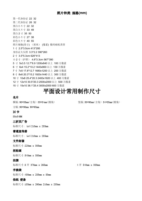 各种证件照片种类以及尺寸、规格