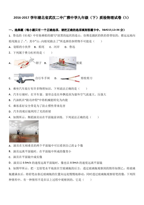 湖北省武汉二中广雅中学2017届九年级(下)质检物理试卷(5)(解析版)