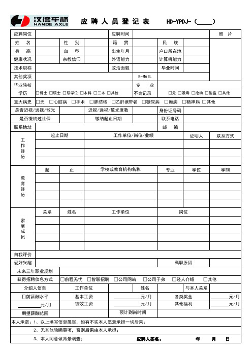 应聘人员登记表