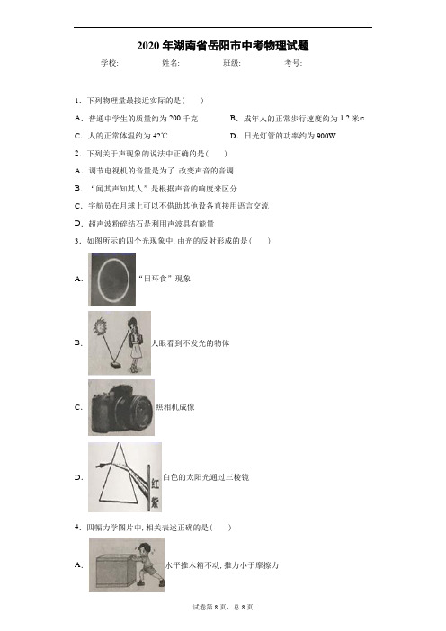 2020年湖南省岳阳市中考物理试卷及解析