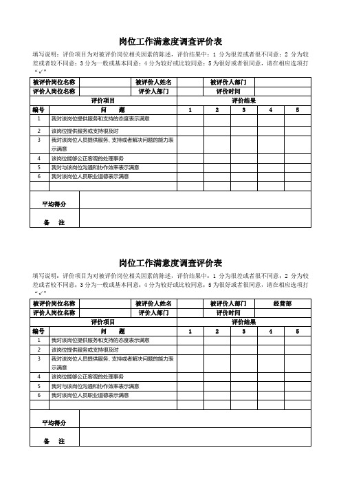 岗位工作满意度调查评价表