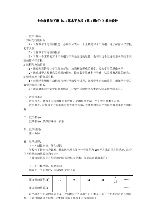 人教版数学七年级下册《算术平方根》教案