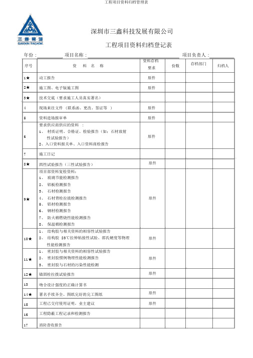 工程项目资料归档管理表