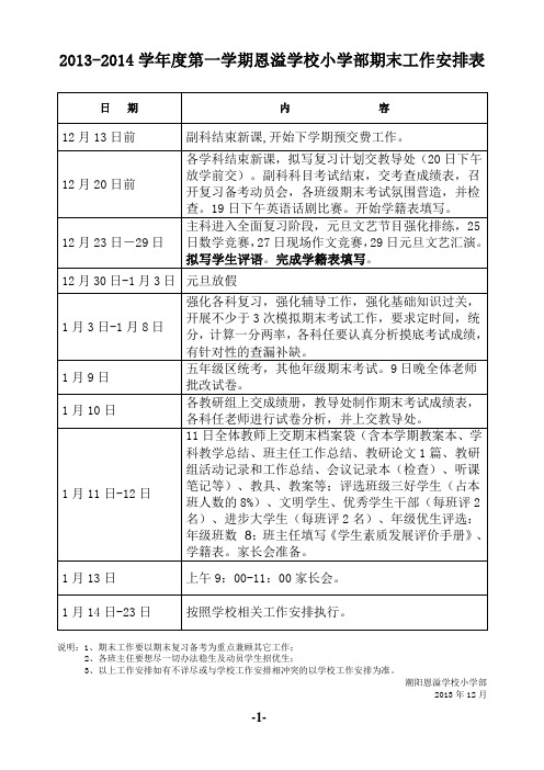 2013-2014学年度第一学期恩溢学校小学部期末工作安排表